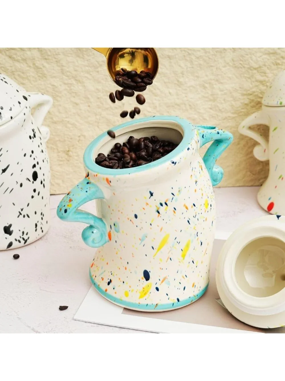 Airtight Ceramic Canister with Spoon - Cute Food Storage for Tea, Coffee, Sugar